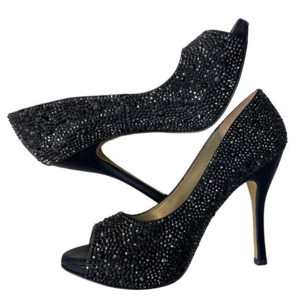 Benjamin Adams Black Silk/Swarovski Crystal Shoes - Size 8